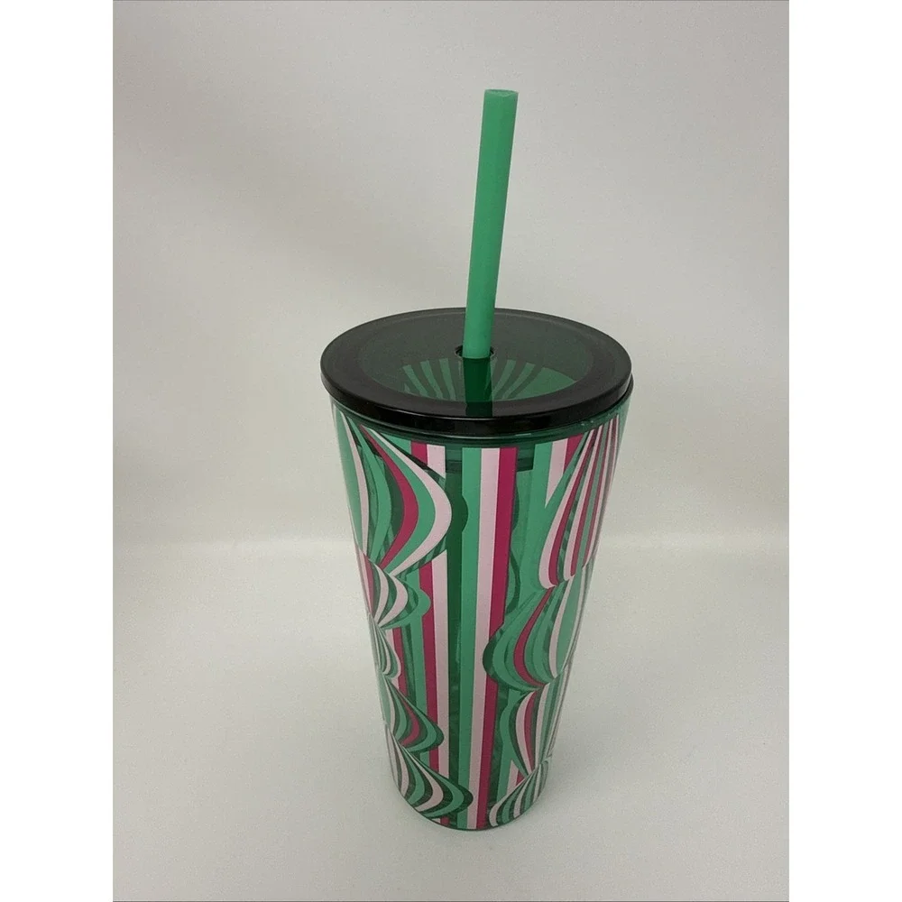 Starbucks 2024 Holiday Pink/Green Design 18oz Glass Tumbler Cold Cup New W/Straw
